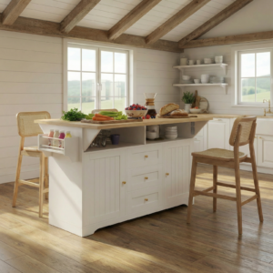 Large Kitchen Island with 2Drop Leaf,Rolling Kitchen Cart on 5 Wheels with Power