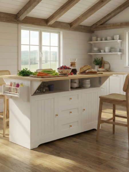 Large Kitchen Island with 2Drop Leaf,Rolling Kitchen Cart on 5 Wheels with Power
